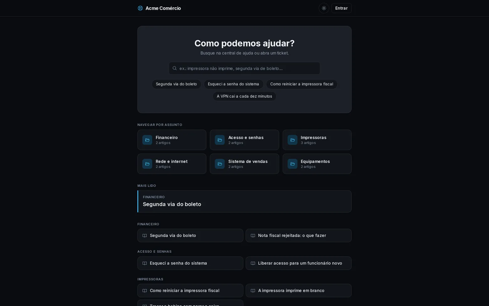 Portal do cliente do supme: busca na base de conhecimento, atalho para abrir ticket e acompanhar os tickets existentes, com a marca da empresa.